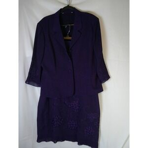 VTG Plaza South Purple Floral Applique Jacquard Skirt Suit Set Womens Size 18